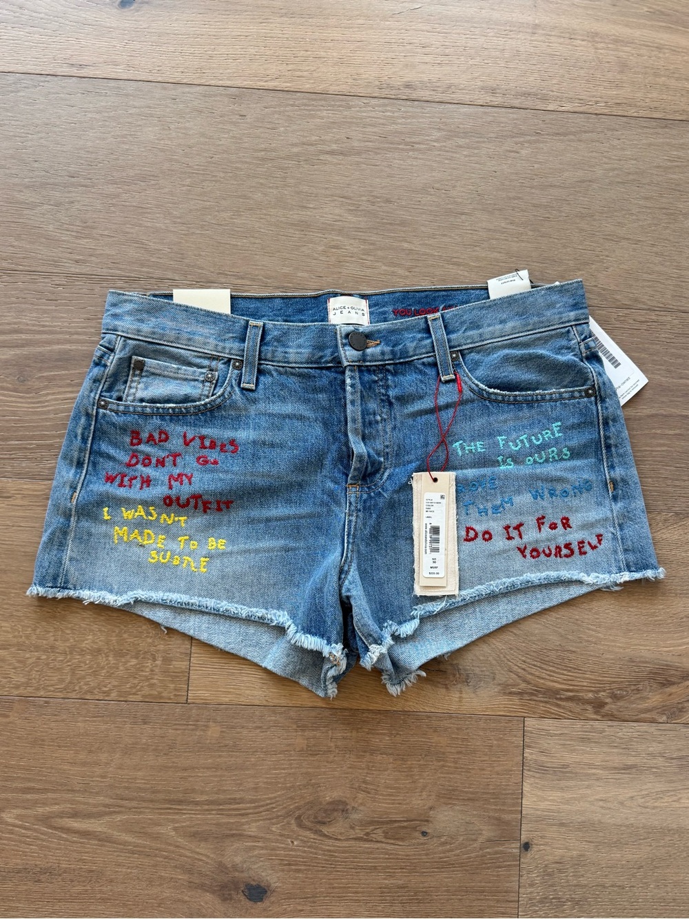Alice + Olivia Multicolor Embroidered Denim Shorts - Blue